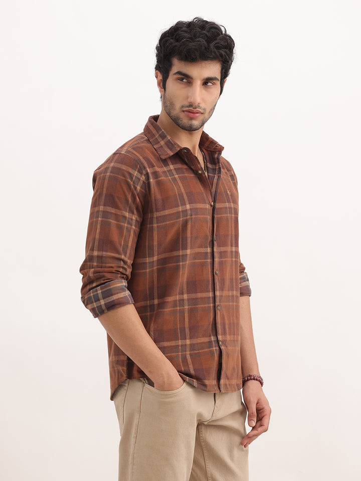 Slim Fit Checkered Corduroy Shirt | Brown