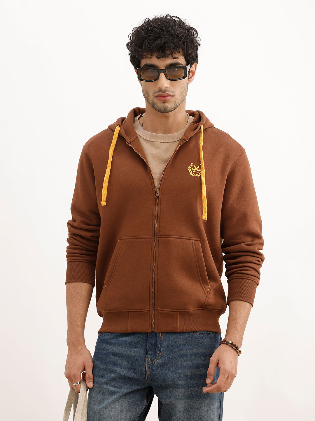 Classic Printed Zipper Hooded Sweatshirt | Brown