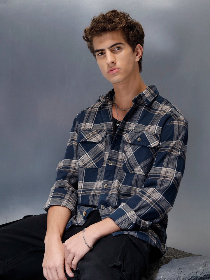 Men's casual checkered pattern regualr fit shacket  | Navy Blue
