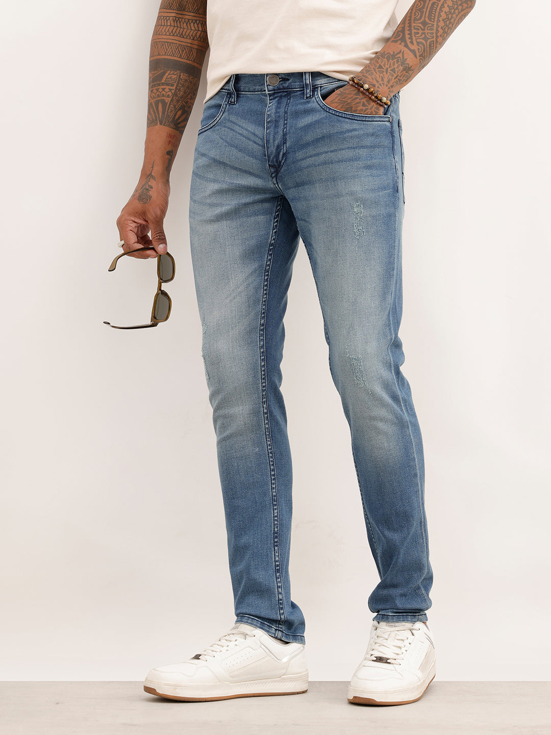 Distressed Skinny Fit Denim Jeans | Light Blue
