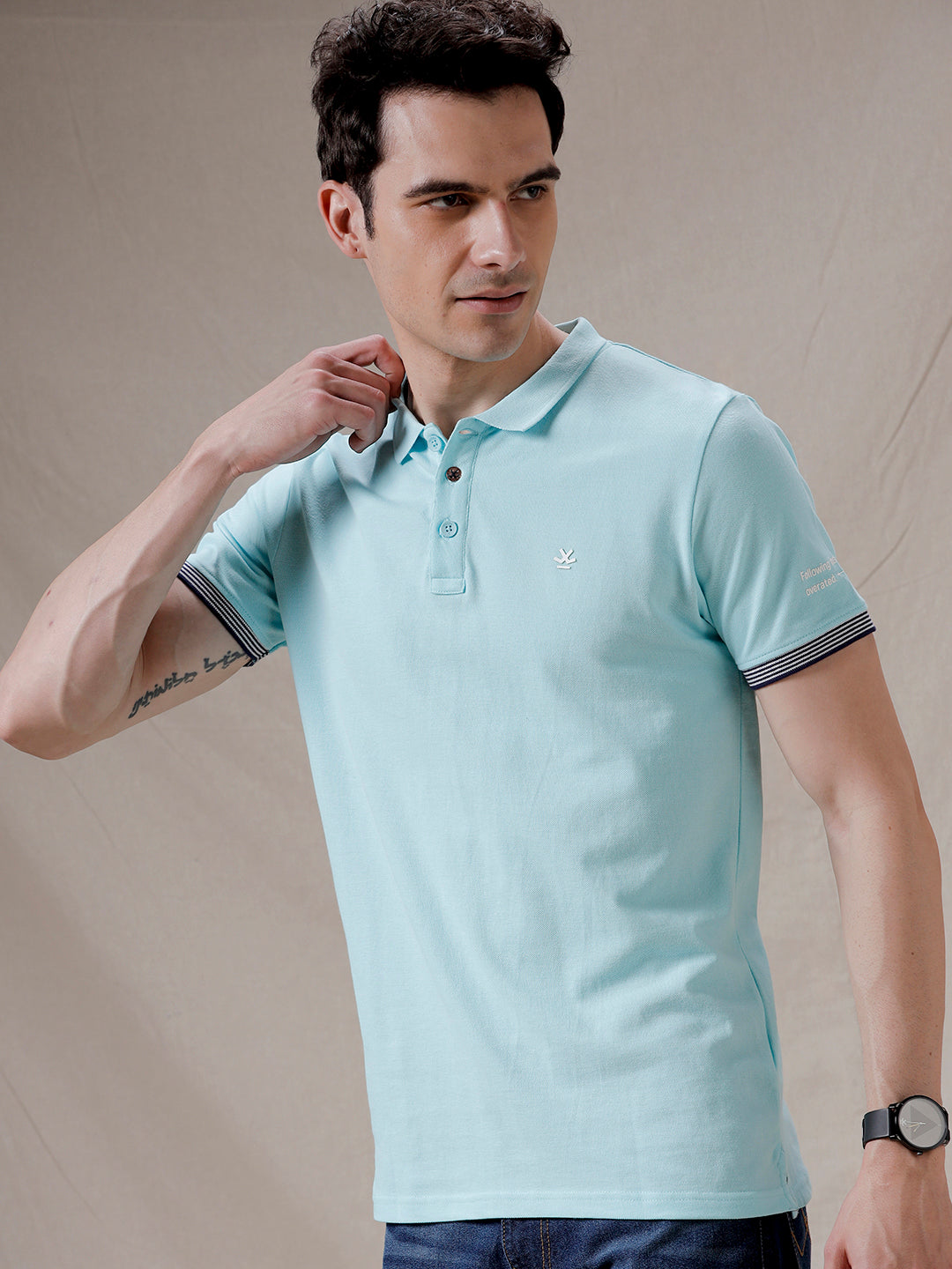 Printed Sleeve Blue Polo T-Shirt