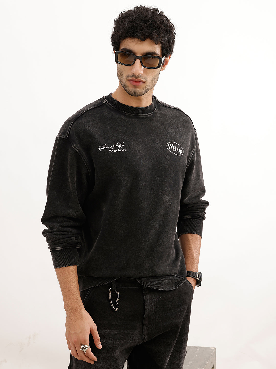 Washed Oversized Placement Printed Sweatshirt | Black