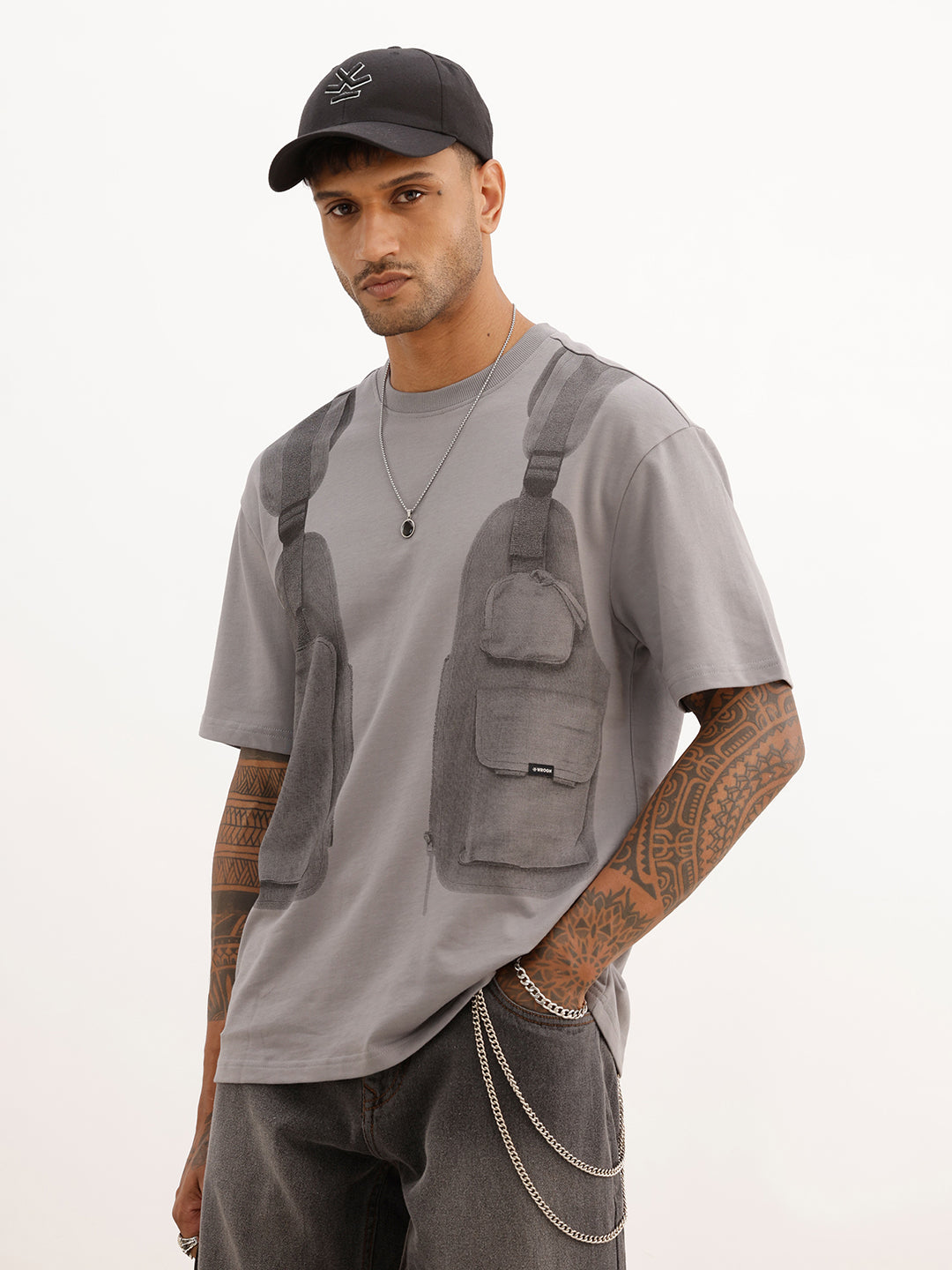 Oversized Placement Printed T-Shirt | Grey