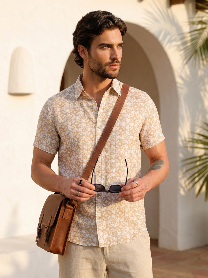 Slim Fit AOP Half Sleeve Shirt | Beige