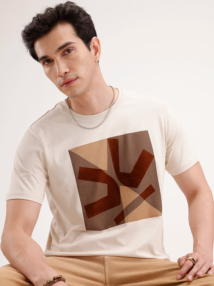 Slim Fit Flock Printed T-Shirt | Beige
