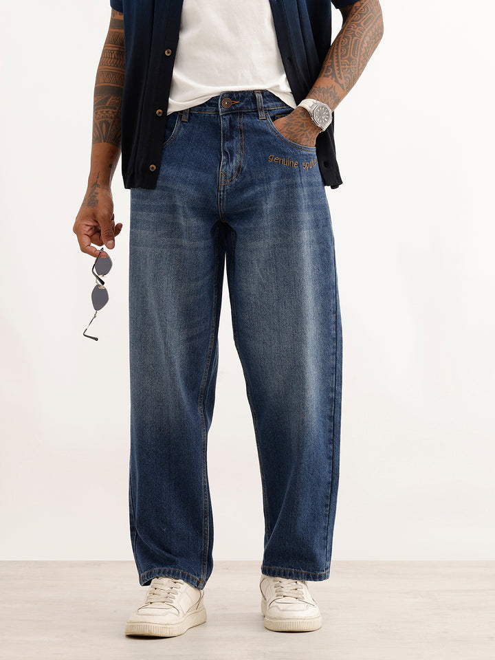 Loose Fit Embroidery Detail Denim Jeans | Blue