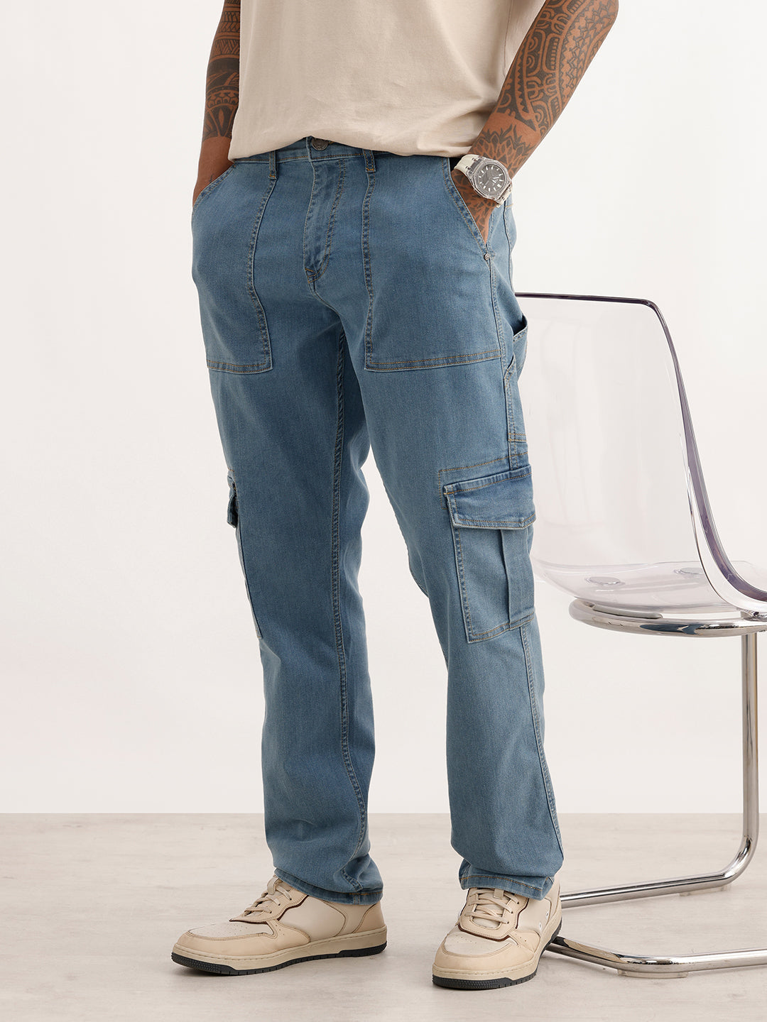 Classic Solid Denim Cargos | Light Blue