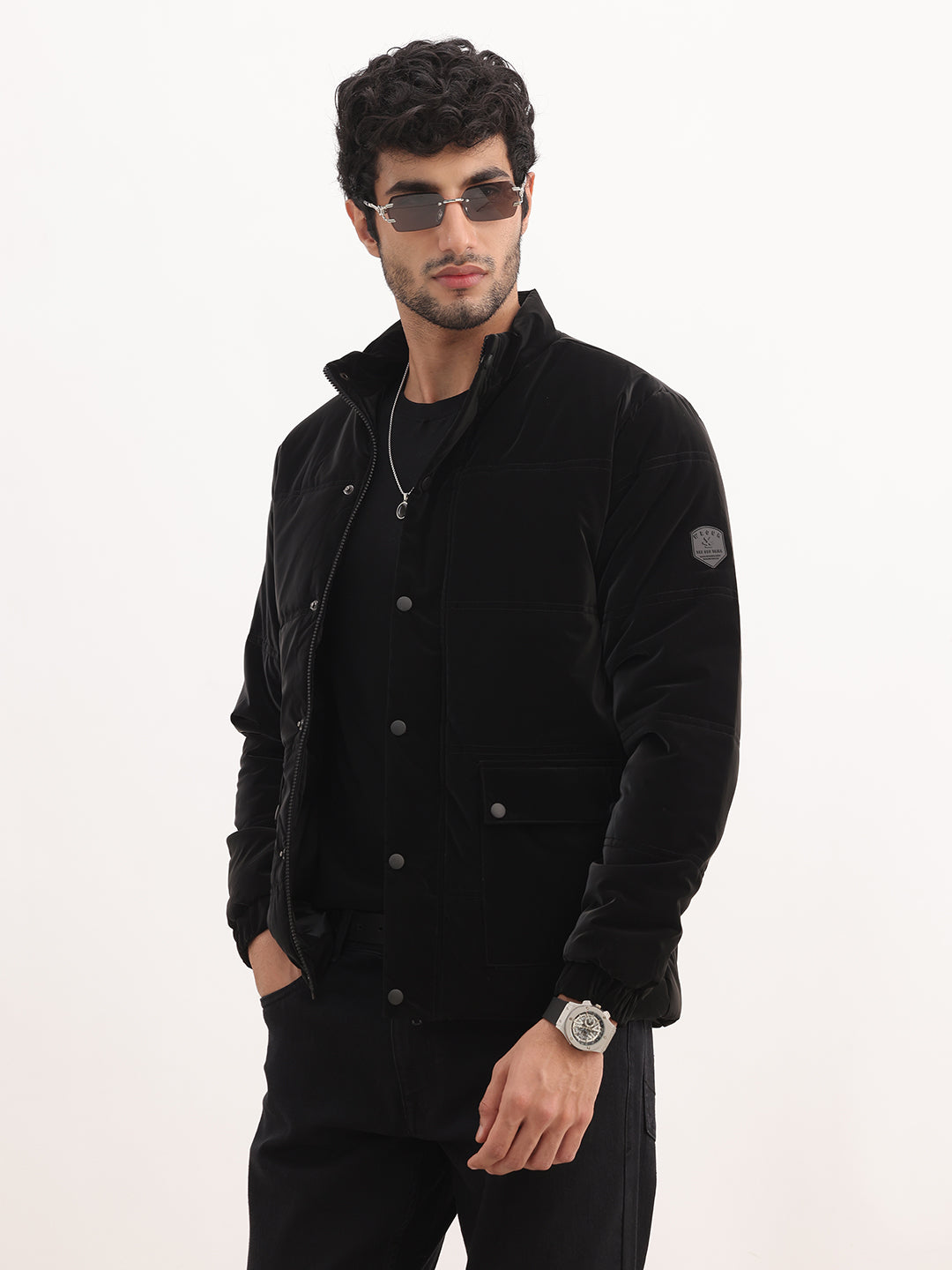 Solid Regular Fit Puffer Jacket | Black