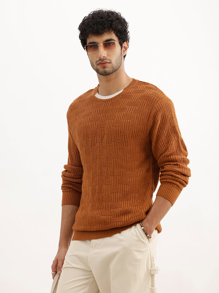 Textured Regular Fit Knitted Sweater | Brown