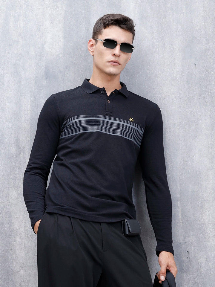 Men's Casual Polo Tshirt With Striped Pattern | Black