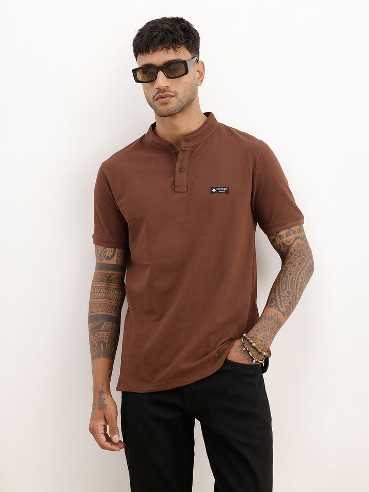 Mandarin Collar Polo T-Shirt | Brown