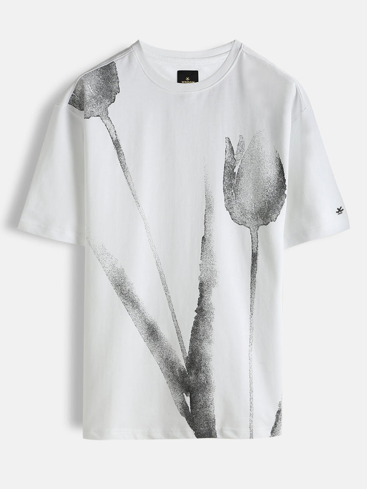 Heavy GSM Watercolour Floral Printed T-Shirt | White