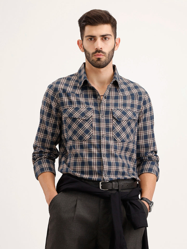 Slim Fit Double Pocket Checkered Shirt | Blue