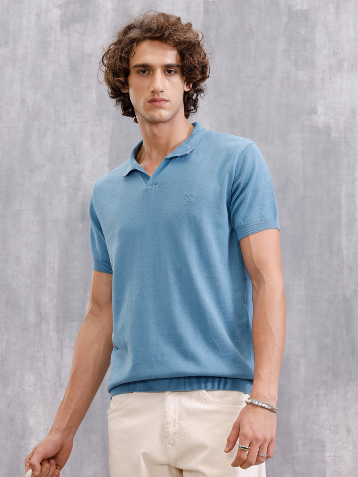 Premium Flat Knit Slim Fit Polo T-Shirt | Blue