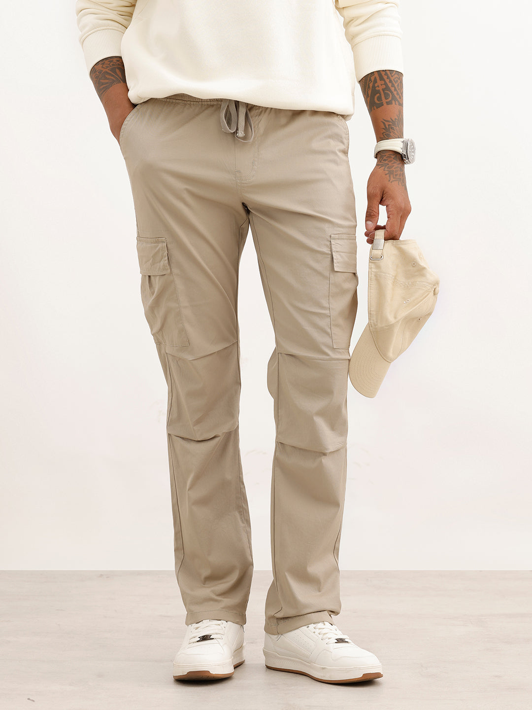 Solid Straight Fit Cargo Trouser | Beige
