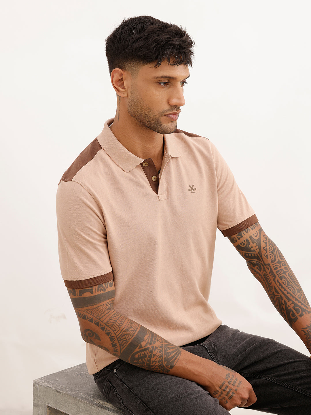 Slim Fit Panel Printed Polo T-Shirt | Light Brown