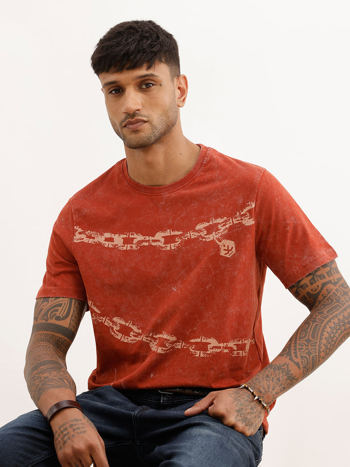 Slim Fit Washed Placement Printed T-Shirt | Rust
