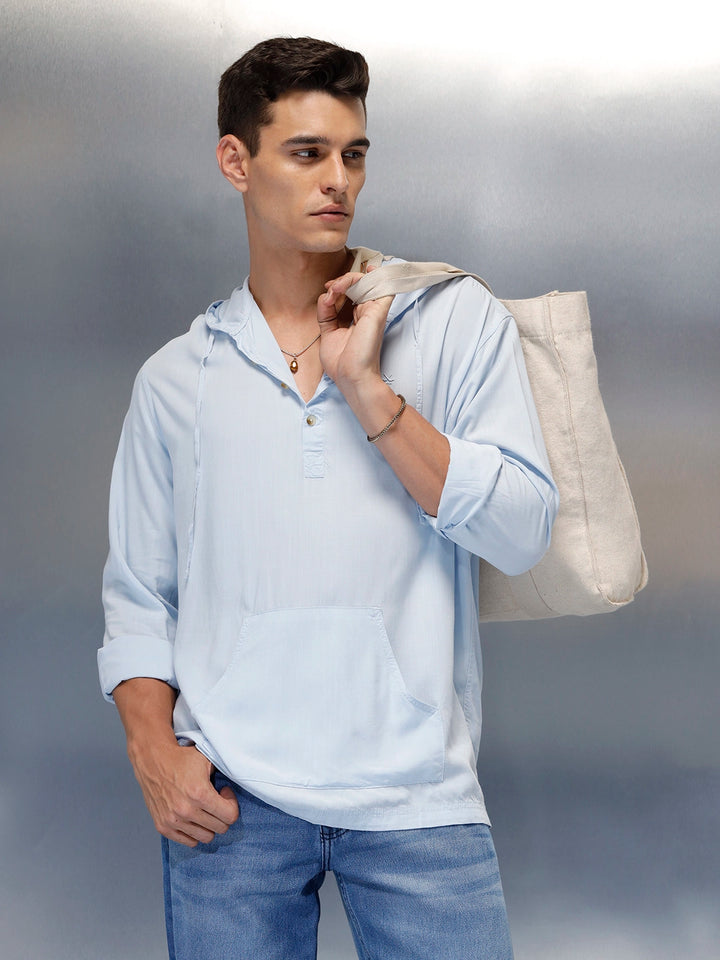 Men's slim fit casual hooded shirt | Blue