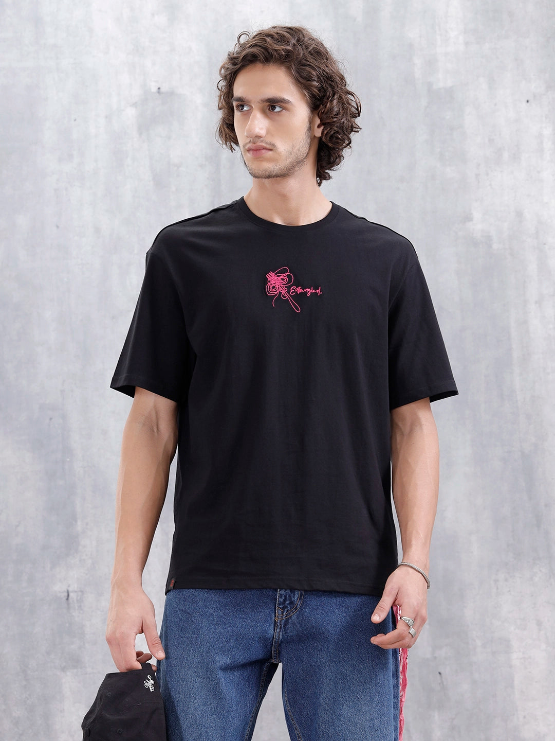 Men's Casual Embroidered Oversized Fit T-Shirt | Black