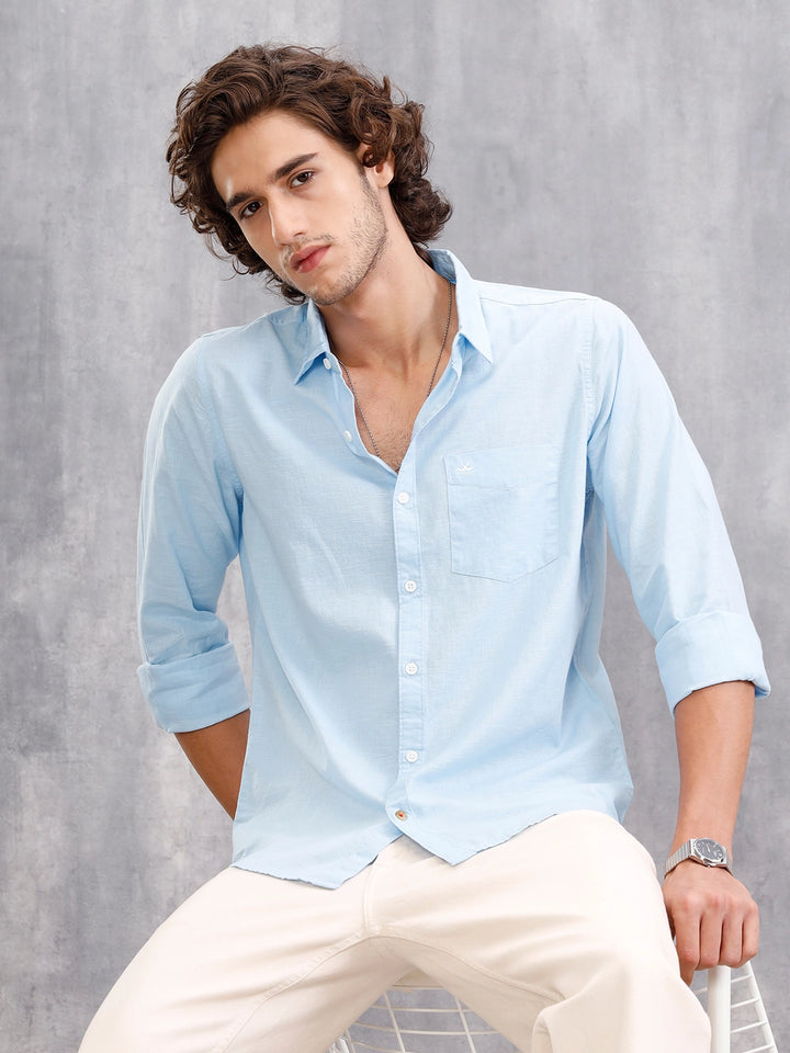 Solid Cotton Slub Slim Fit Causal Look Shirt | Light Blue