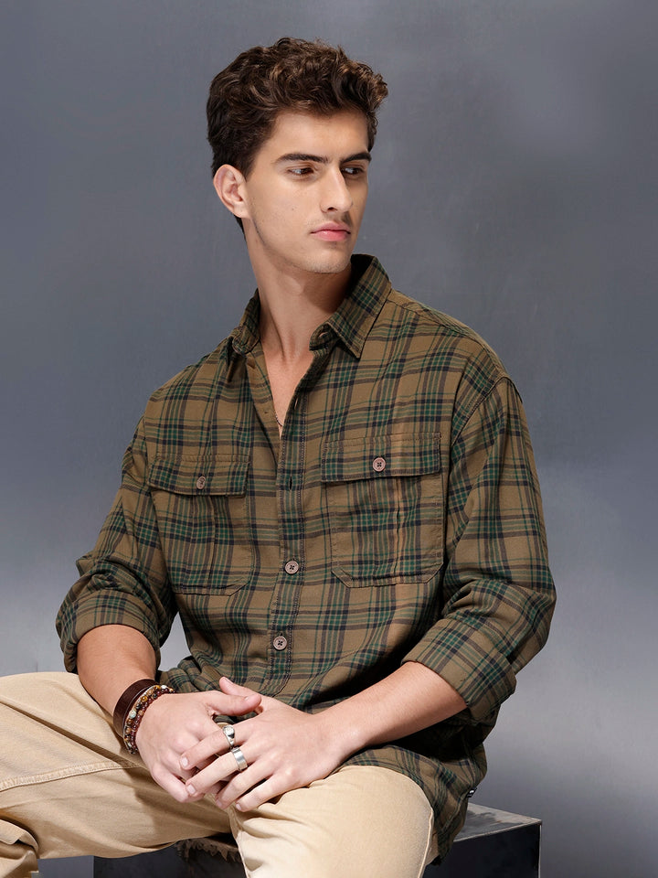 Check flannel Oversize shirt | Olive