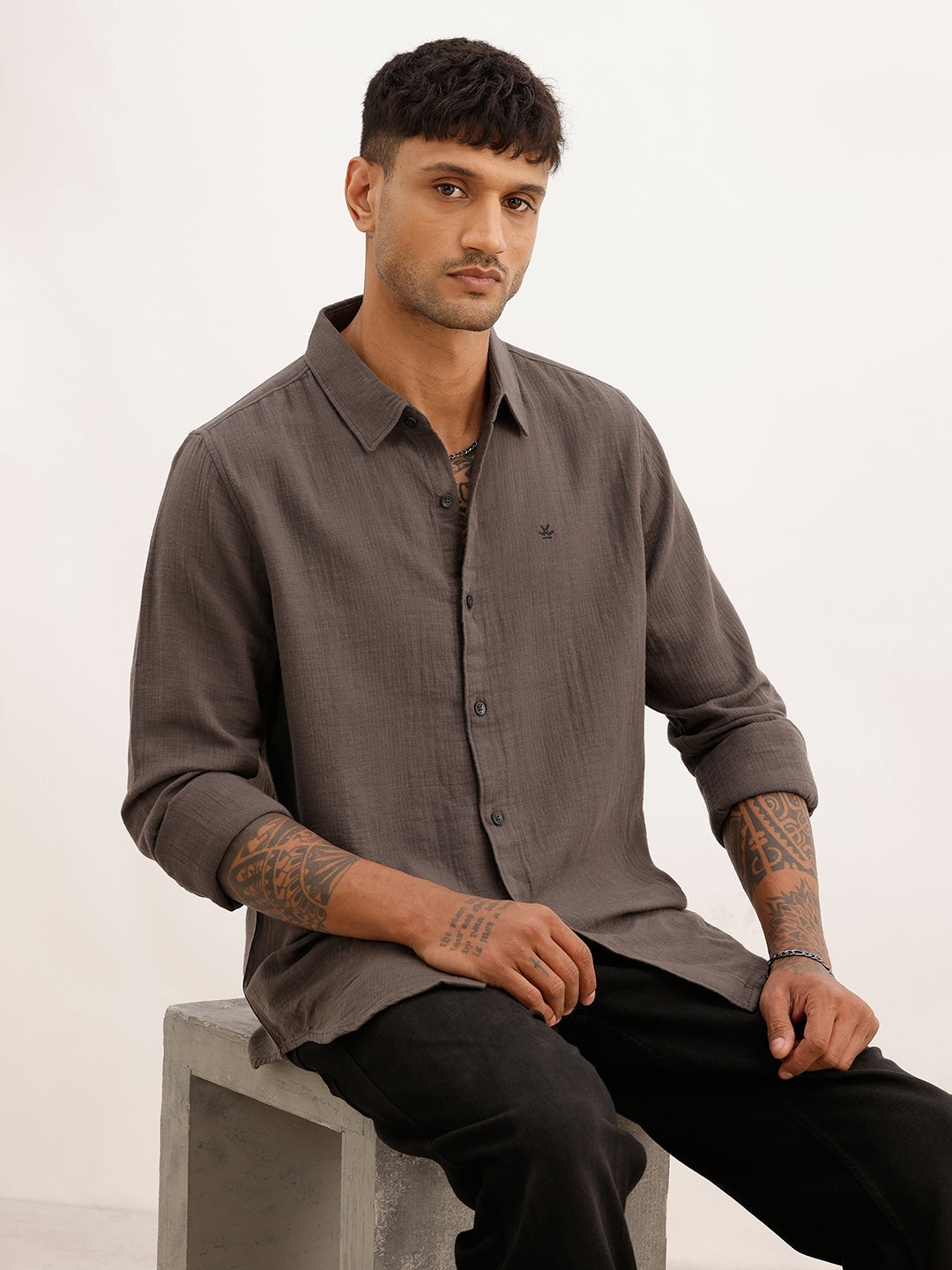 Textured Slim Fit Solid Shirt | Dark Grey | WSH02FSSL0012S