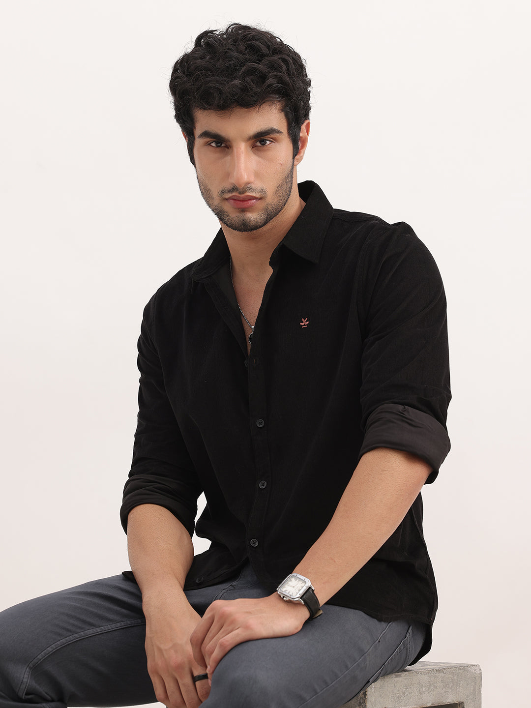 Slim Fit Solid Corduroy Shirt | Black