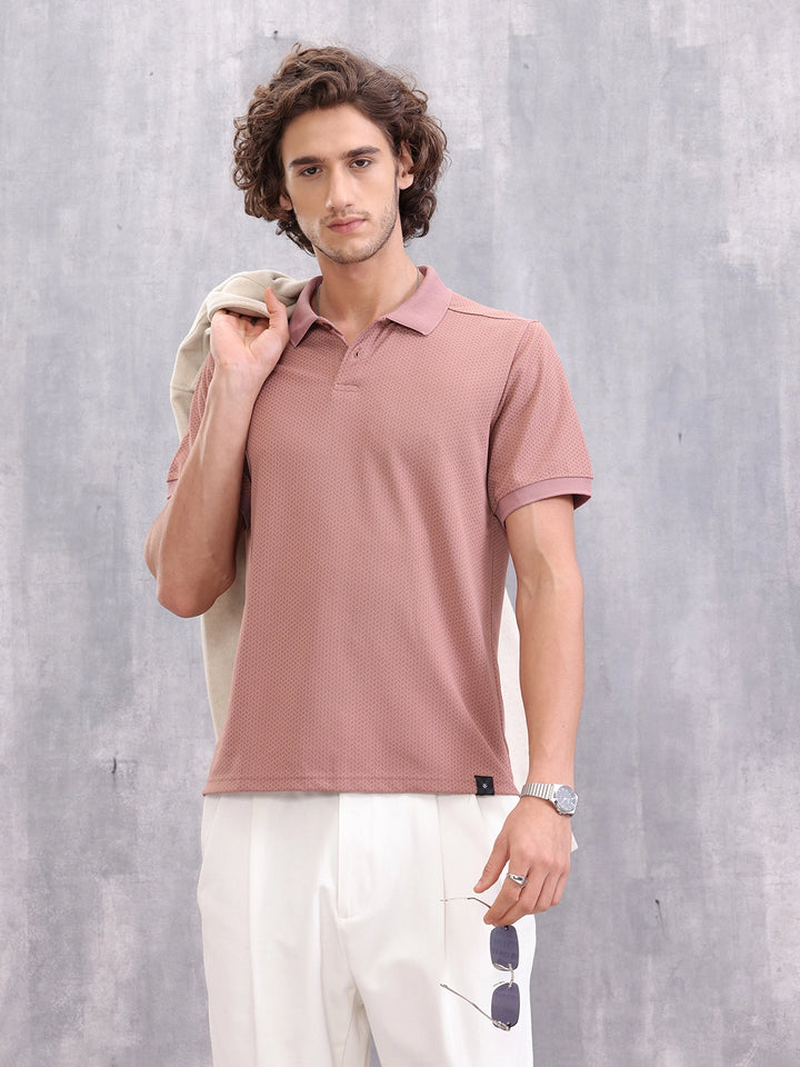 Solid Textured Slim Fit Polo T-Shirt | Pink