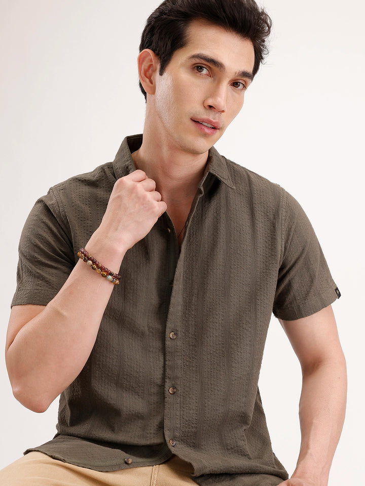 Slim Fit Textured Half Sleeve Shirt | Olive