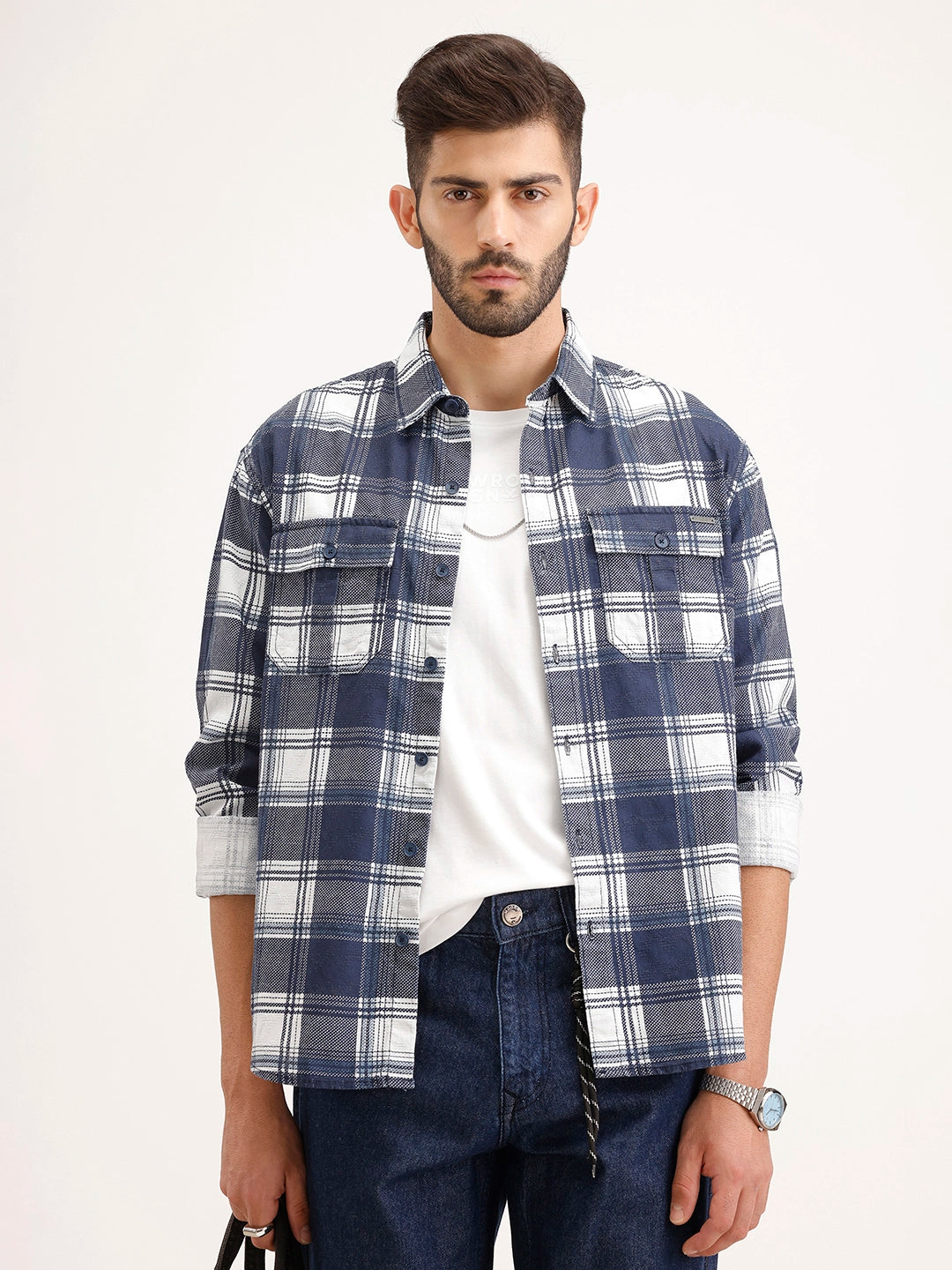 Comfort Fit Double Pocket Checkered Shirt | Blue