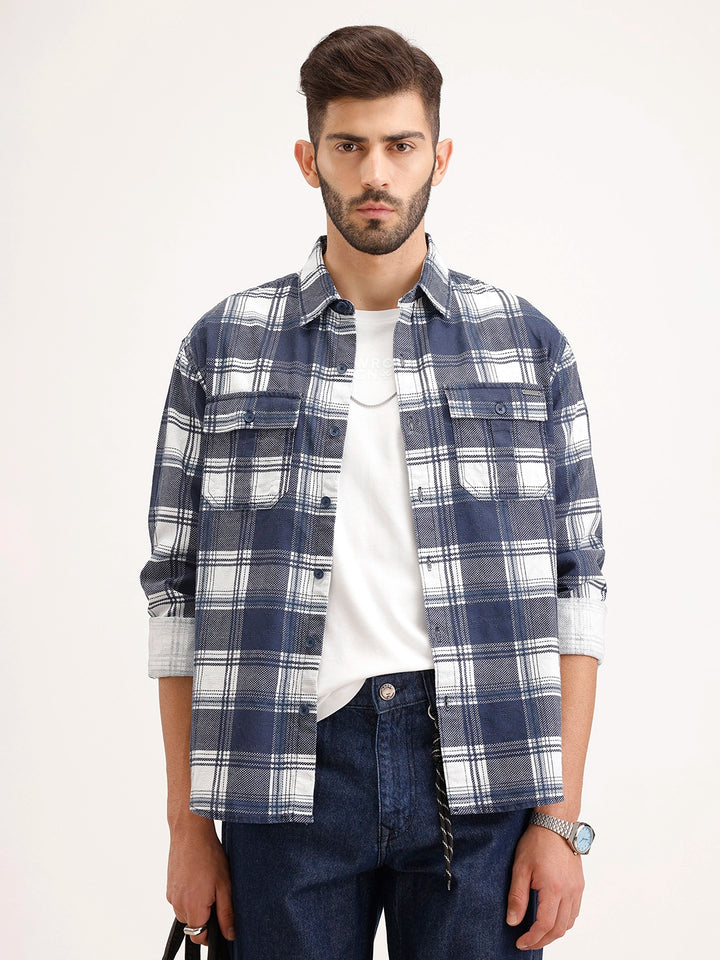 Comfort Fit Double Pocket Checkered Shirt | Blue