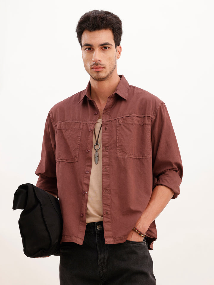 Comfort Fit Double Pocket Overdyed Shirt | Brown