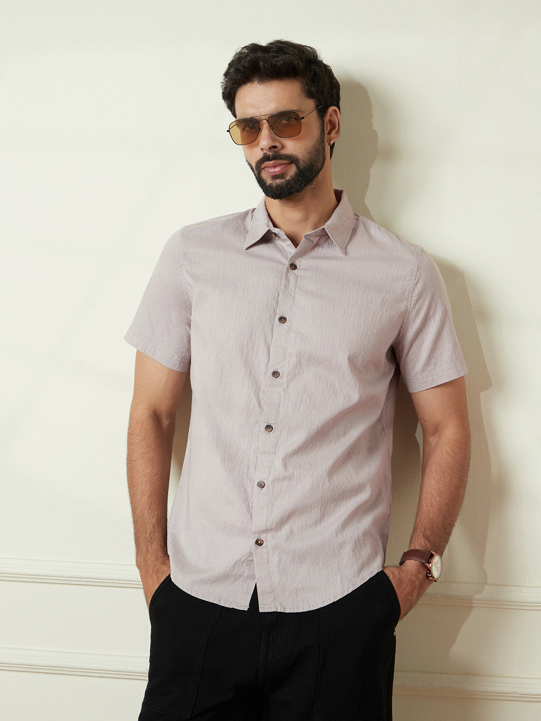 Solid Light Grey Cotton Slim Fit Shirt