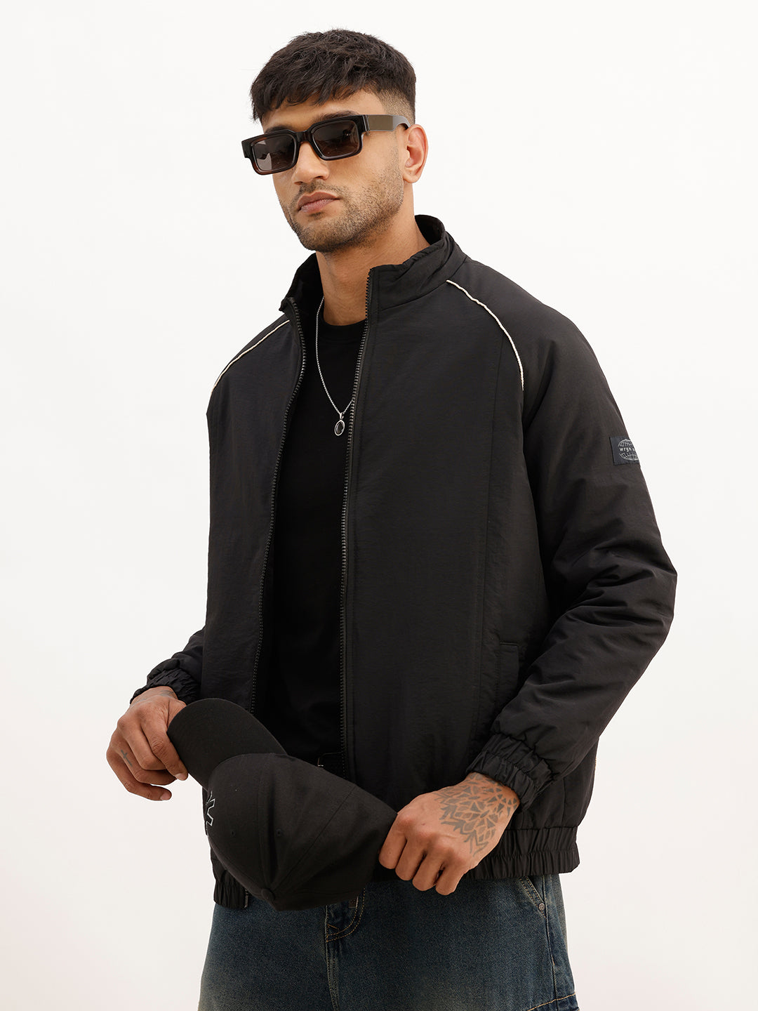 Solid Regular Fit Zipper Puffer Jacket | Black