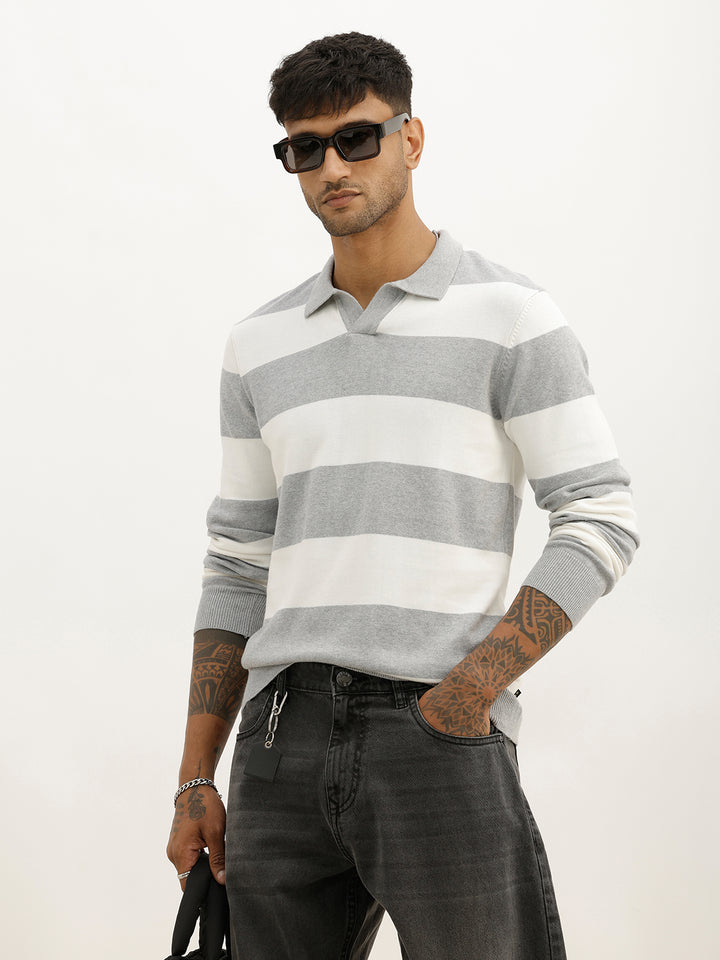 Slim Fit Striped Full Sleeve Polo T-Shirt | Grey