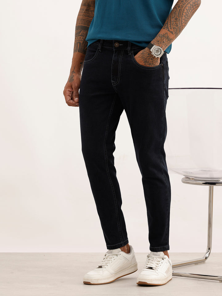 Solid Skinny Crop Contrast Stitch Denim Jeans | Dark Blue