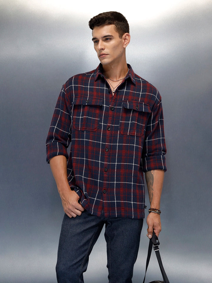 Men's Casual Oversized Fit Checkered Pattern Shirt | Navy Blue