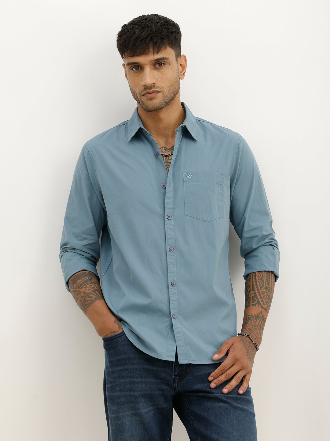 Solid Slim Fit Full Sleeve Shirt | Dark Blue