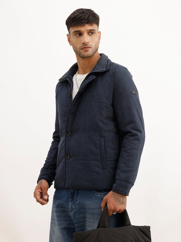 Solid Regular Fit Puffer Jacket | Navy Blue