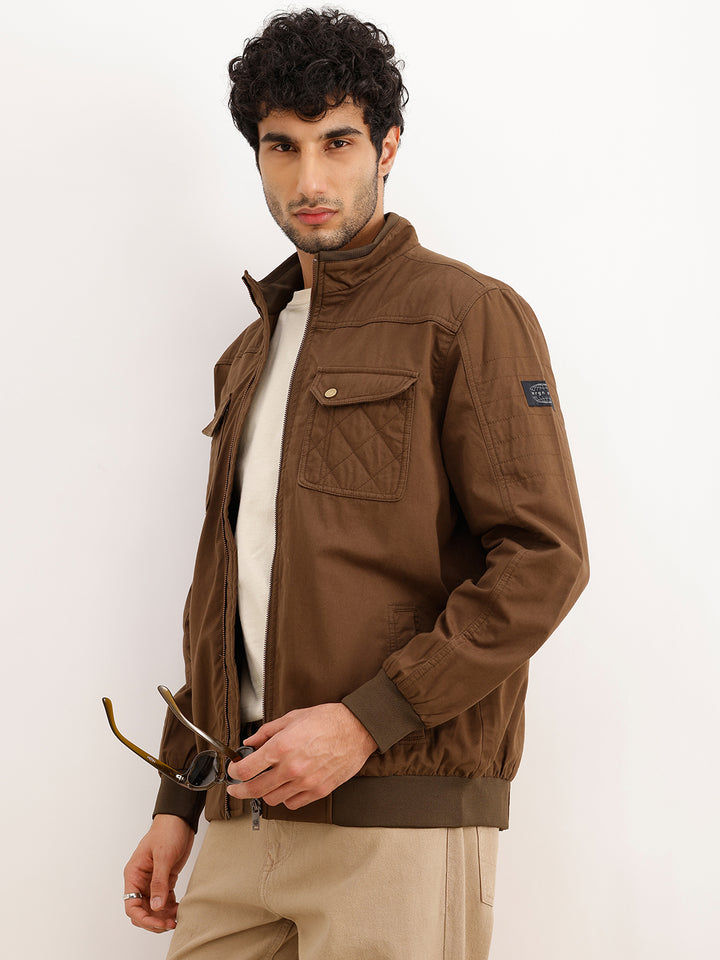 Solid Regular Fit Double Pocket Zipper Jacket | Brown