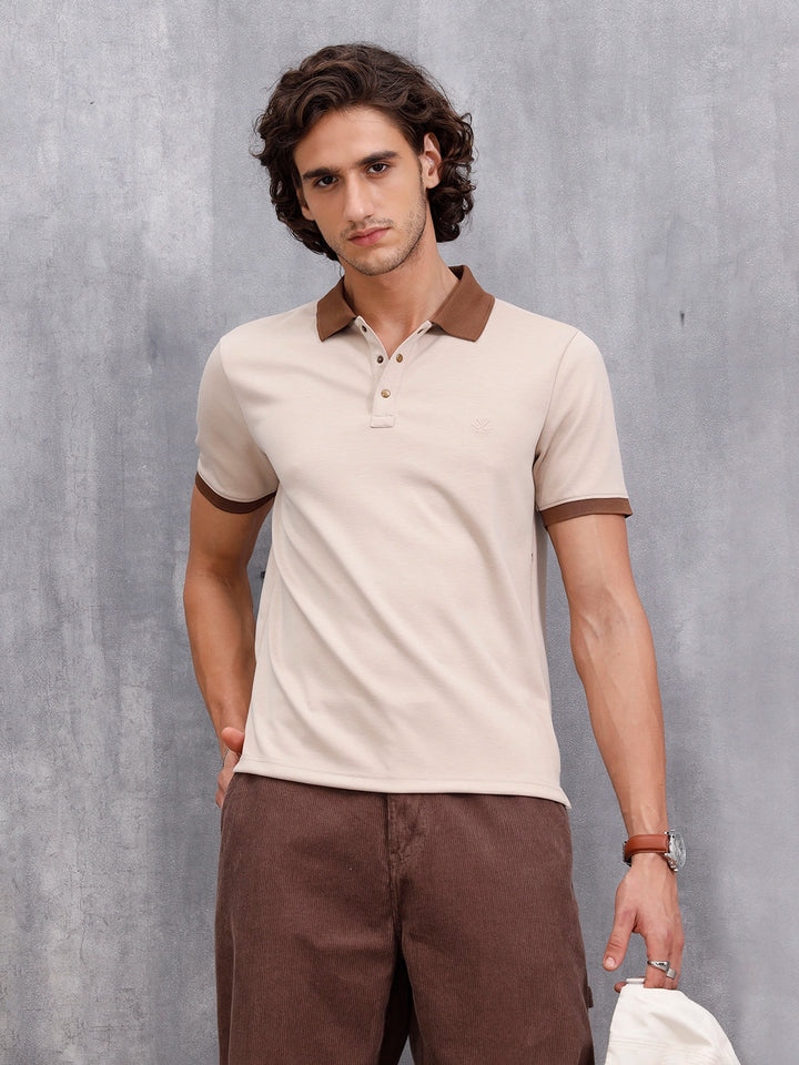 Men Slim Fit Polo Collar T-Shirt With Contrast Collar | Beige
