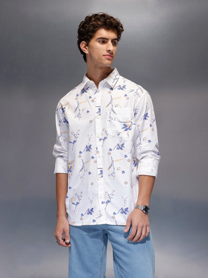 Men's Casual Floral Print Shirt  |  White
