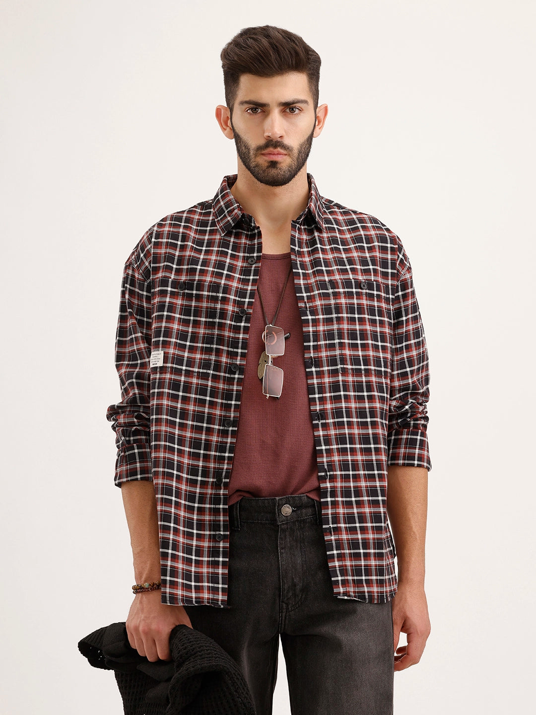 Oversized Fit Double Pocket Checkered Shirt | Black