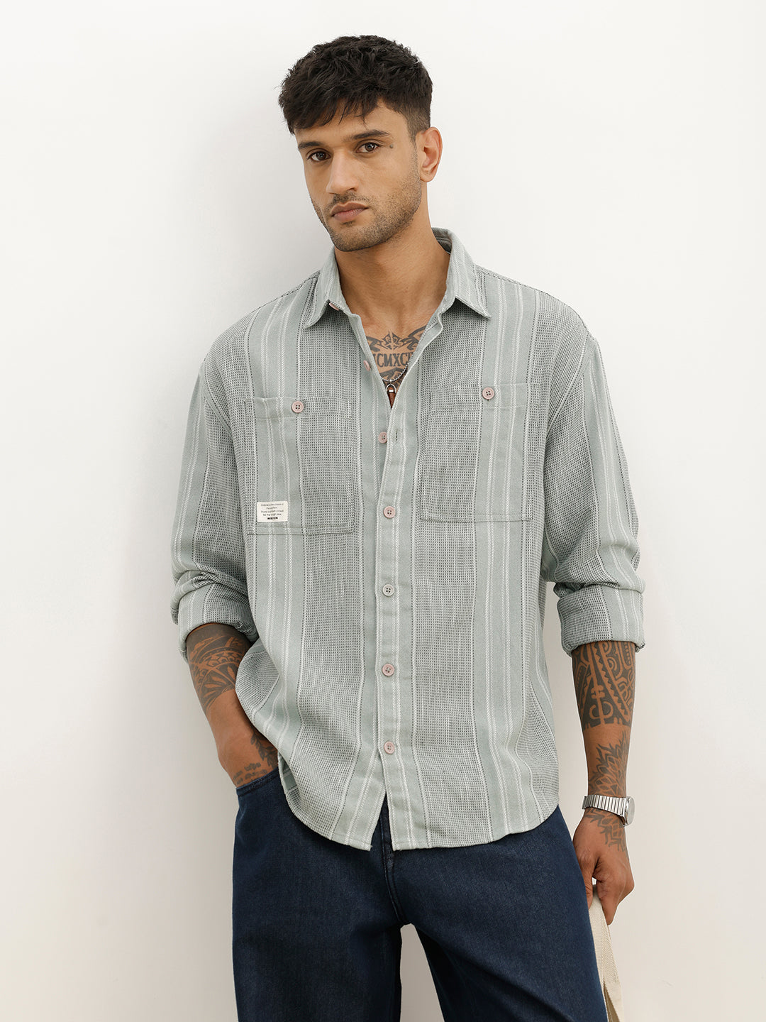 Oversized Fit Textured Striped Shirt | Green