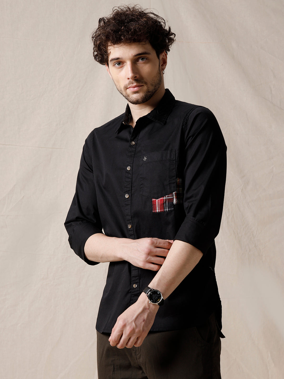 Patched Slim Fit Casual Shirt