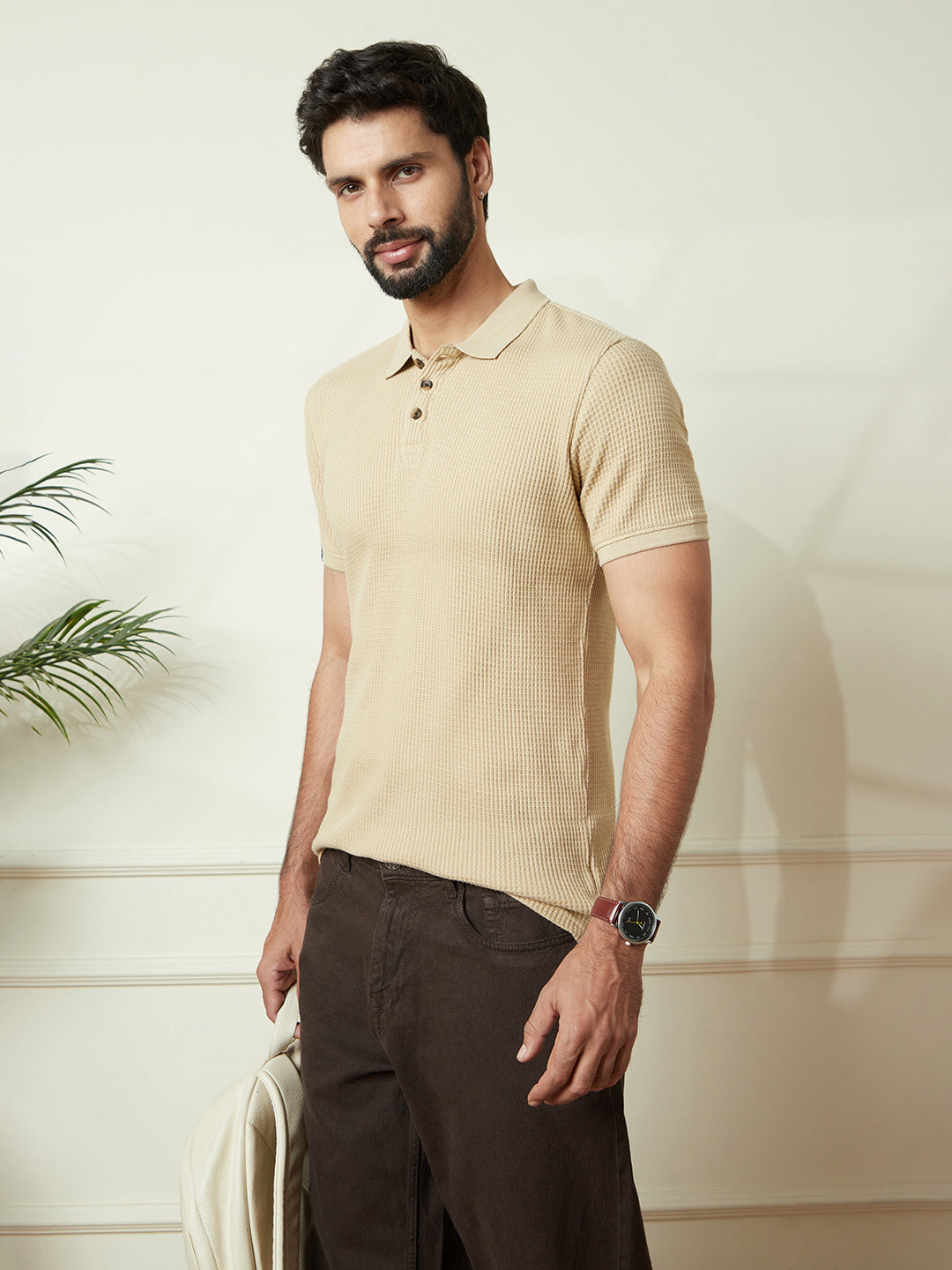 Textured Slim Fit Polo T-Shirt in Beige