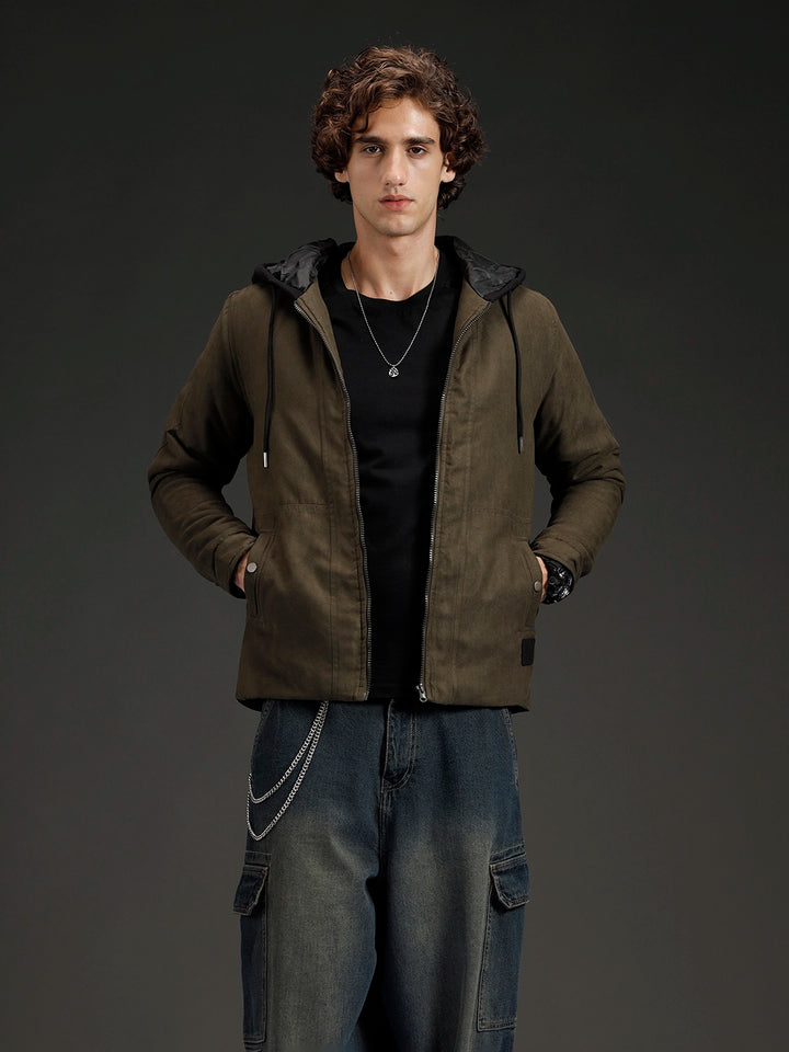 Wrogn Men's Slim Fit Hooded Jacket | Olive