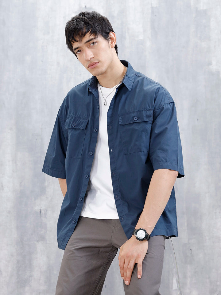 Wrogn Men's Oversized Plus Double Pocket Shirt | Blue
