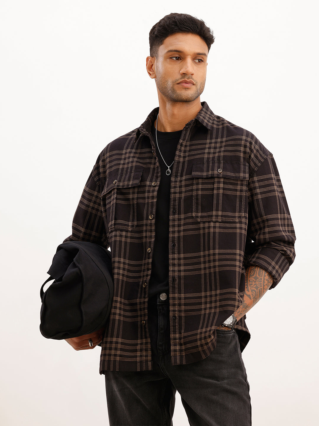 Oversized Textured Double Pocket Shirt | Black