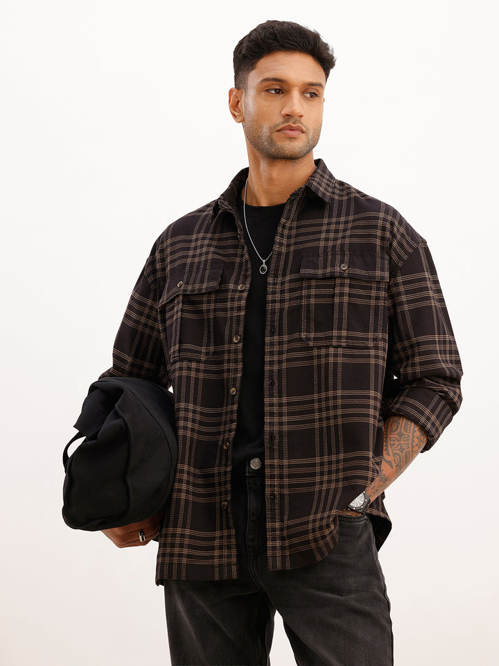 Oversized Textured Double Pocket Shirt | Black